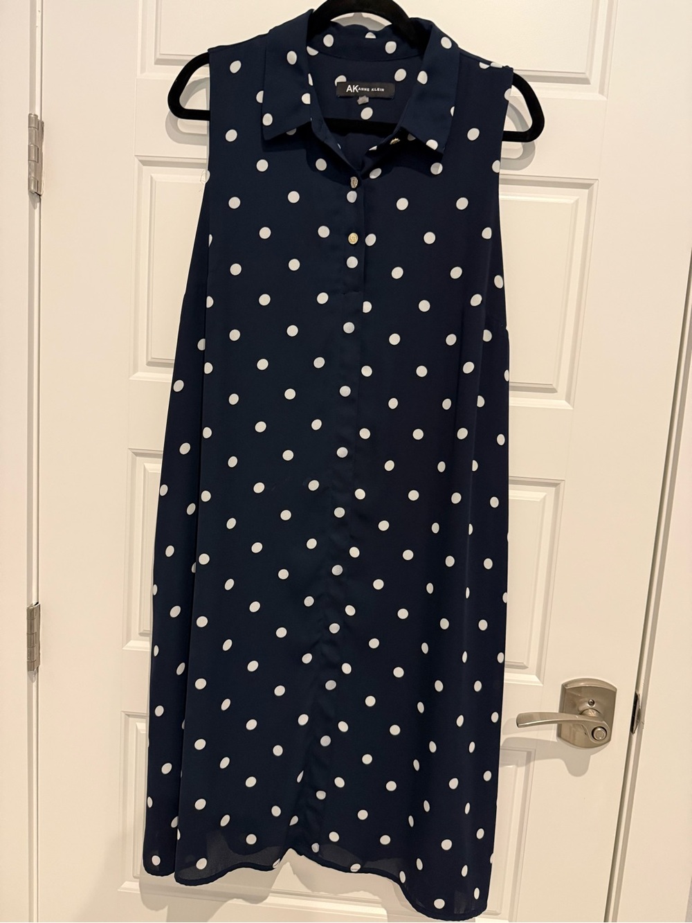 Anne Klein Navy and White Polka Dot Sleeveless Midi Dress